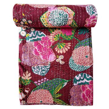 Rugsville Cotton Kantha Floral Red Handmade Quilt  Bedspread 41524 150 x 225 cm