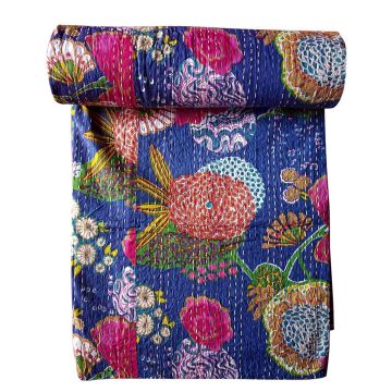Rugsville Cotton Kantha Floral Blue Handmade Quilt  Bedspread 41535 150 x 225 cm