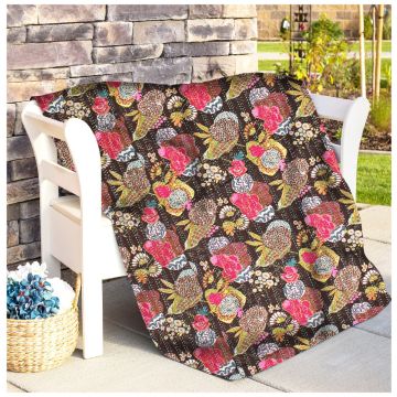 Rugsville Cotton Kantha Floral Black Handmade Quilt  Bedspread 41537 225 x 270 cm