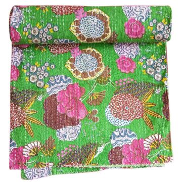 Rugsville Cotton Kantha Floral Green Handmade Quilt  Bedspread 41549 225 x 270 cm