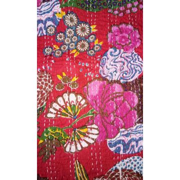 Rugsville Cotton Kantha Floral Red Handmade Quilt  Bedspread 41550 225 x 270 cm