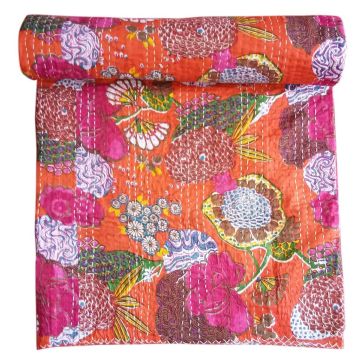Rugsville Cotton Kantha Floral Orange Handmade Quilt  Bedspread 41553 225 x 270 cm
