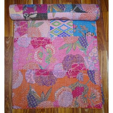 Rugsville Cotton Kantha Floral Multi Handmade Quilt  Bedspread 41562 225 x 270 cm