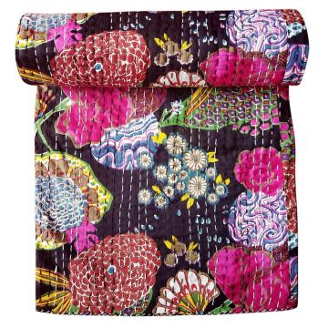 Rugsville Cotton Kantha Floral Black Handmade Quilt  Bedspread 41570 150 x 225 cm