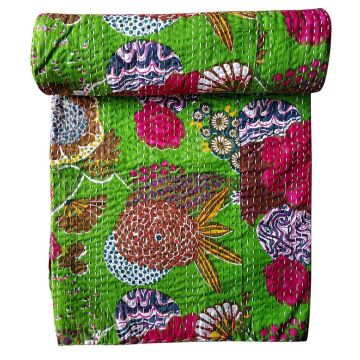 Rugsville Cotton Kantha Floral Green Handmade Quilt  Bedspread 41571 150 x 225 cm