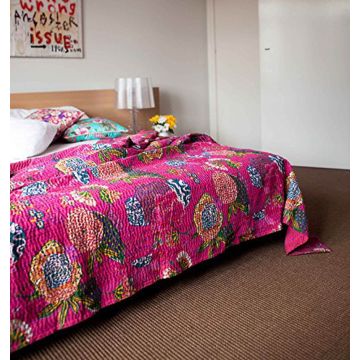 Rugsville Cotton Kantha Floral Pink Handmade Quilt  Bedspread 41583 225 x 270 cm