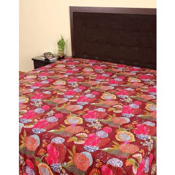 Rugsville Cotton Kantha Floral Red Handmade Quilt  Bedspread 41584 225 x 270 cm
