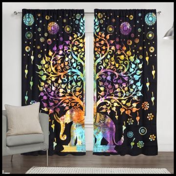 Rugsville Cotton Elephant Tree Design 7 feet Eyelet Multi Color Tapestry Curtain  100x210 cm